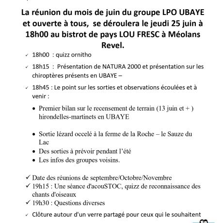 🦅﻿﻿RÉUNION LPO UBAYE LE 25/06 18H00 LOU FRESC﻿🦅