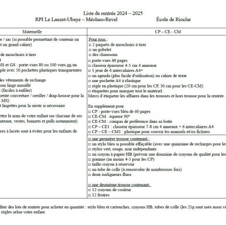 LISTES DES FOURNITURES SCOLAIRES RPI RIOCLAR RENTRÉE 2024-2025