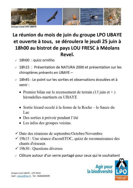 🦅﻿﻿RÉUNION LPO UBAYE LE 25/06 18H00 LOU FRESC﻿🦅