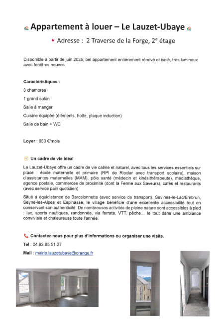 APPARTEMENT A LOUER LE LAUZET UBAYE