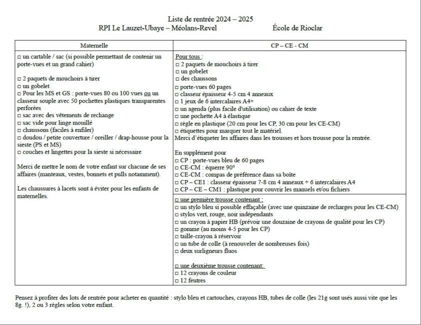 LISTES DES FOURNITURES SCOLAIRES RPI RIOCLAR RENTRÉE 2024-2025